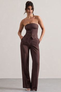 Missed Out | Chocolate Brown Pinstripe Wide-Leg Trousers Brown Pinstripe, Club L London, Black Dress Prom, Black Tie Gala, Party Dress Long Sleeve, Christmas Party Dress, Bridesmaid Outfit, Black Velvet Dress, Black Sequin Dress