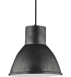 an industrial style pendant light with a black shade on the bottom and white trim around it