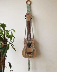 a guitar hanging on the wall next to a potted plant