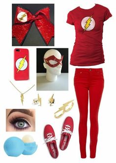 a woman in red outfit and accessories including shoes, necklaces, phone case, headband