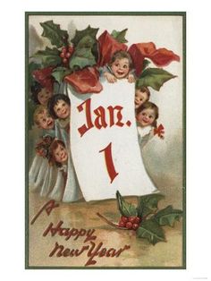 an old fashioned christmas card with children holding holly leaves and the number one on it