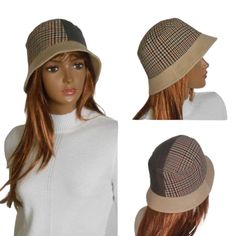 Size 57-58 cm  Women's bucket hat. This is a fashionable and stylish hat for the cold season. Winter hat with small brim. The women's hat is made of checkered fabric and monochrome brown fabric with a slight shiny effect.  Beautiful combination of colors - beige and brown.  Hat with warm lining.  Size 57-58 cm Beige Cloche Hat With Curved Brim For Fall, Beige Fedora Winter Hat, Beige Winter Fedora Hat, Brown Brimmed Cloche Hat For Outdoor, Adjustable Beige Cloche Hat For Fall, Beige Cloche Hat With Short Brim For Outdoors, Trendy Brimmed Cloche Hat For Winter, Winter Fedora Hat, One Size Fits Most, Beige Winter Cloche Hat One Size