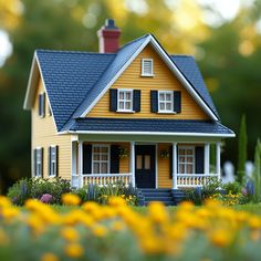 a small yellow house sitting in the middle of flowers