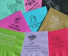 six personalized napkins in different colors and designs