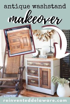 an antique washstand makeover with text overlay