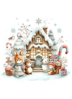 a christmas scene with rabbits and snowmen in front of a house