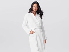 Coyuchi's classic spa robe, reinvented. Made from organic cotton in an airy waffle weave, it’s pre-tumbled to be soft from day one and get more so with every wash. Unisex styling with a streamlined fit that keeps it comfy and flattering with double belt-loops. We recommend sizing up if in between sizes, and washing before use for a true-to-size fit. 100% organic cotton sourced and woven in Turkey GOTS certified Length for size M/L: 50"L Care Wash and tumble dry low or line dry before use to allo Bath Robes For Women, Double Belt, Be Soft, Linen Ribbon, Organic Bath Products, Wool Dryer Balls, Alpine White, Woven Wrap, Organic Pattern