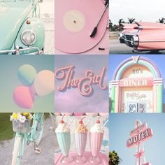 a collage of pink and blue images with balloons, signs, and cars in them