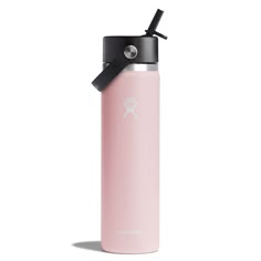 a pink stainless steel water bottle with a black lid and a metal straw sticking out of it