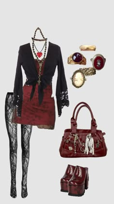 Crystal Core Outfits, Classy Outfits For Women Going Out, Dark Maximalism Outfits, Dark Red Outfit Aesthetic, Goth Polyvore, Nana Outfits Inspired, Show Outfits, Niche Fashion, Goth Outfit Ideas