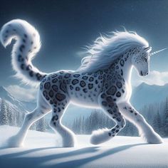 a white and black spotted horse running in the snow with mountains in the back ground