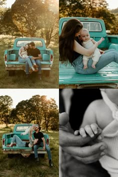 a couple holding their baby while sitting in the back of a pickup truck