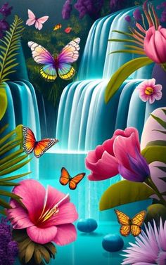 flowers and butterflies are in front of a waterfall