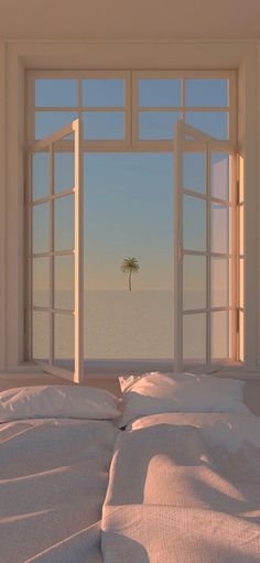 an open window shows the ocean and palm tree