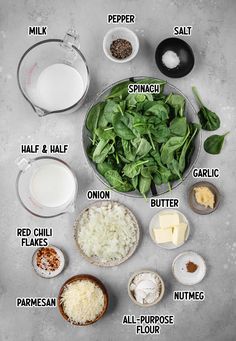 ingredients to make spinach salad laid out on a gray surface with text above it