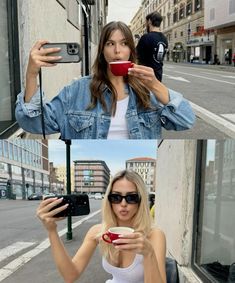 a woman taking a selfie while holding a cup of coffee