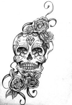 a drawing of a skull with roses on it