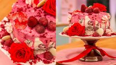 two pictures of a cake decorated with raspberries and flowers