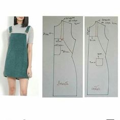 a woman standing next to a drawing of a dress on a white wall and another photo of the back of a women's dress