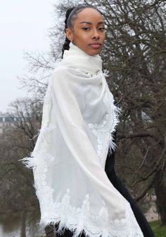 This stunning ivory and ivory scarf is woven from a very fine cashmere. Bordered in a partly tonal and partly tonal ivory Chantilly lace in a scalloped design with Ivory Ostrich feathers, this is a must have Maneesha Ruia signature scarf that will make heads turn whilst keeping you fashionably warm on any evening out. Scalloped Design, Gifted Hands, Lace Border, Ostrich Feathers, Chantilly Lace, Cashmere Scarf, Neck Tie, Feathers, Cashmere