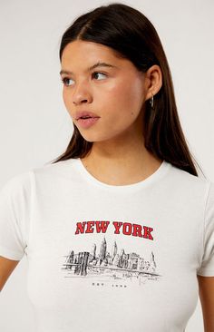 New York Skyline Skimmer T-Shirt T-shirts & Tank Tops, Top Graphic Tees, Graphic Tees Women, Crew Neck Tee, Golden Hour, Model Measurements, Pacsun, Crew Neckline, New York Skyline