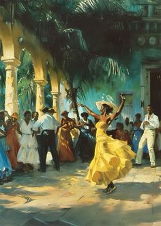 a painting of a woman in a yellow dress dancing with other people around her on the street