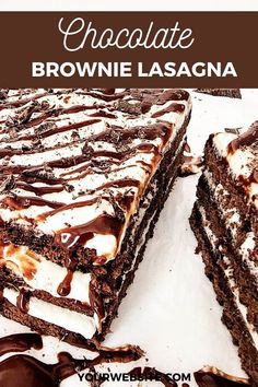 chocolate brownie lasagna is cut in half and served on a platter