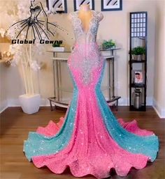 Pink Sheer O Neck Long Prom Dress For Black Girls Beaded Crystal Birthday Party Gown Green Sequined Vibrant Prom Dresses, Green And Pink Prom Dress, Prom Dresses Diamonds, Pink And Blue Prom Dress, Crazy Prom Dresses, Rainbow Prom Dress, Crystal Birthday Party, Colorful Prom Dresses, Crystal Birthday