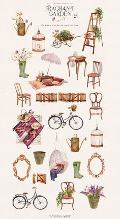 an illustration of various types of chairs and tables with umbrellas, flowers, plants, and birdcages on them