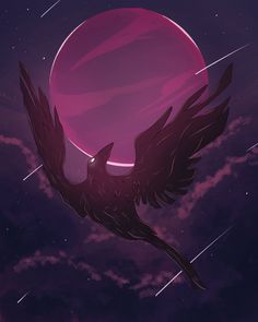 a bird flying in the air next to a pink moon