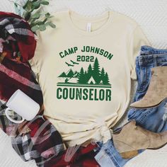 This custom camp counselor shirt can be personalized to make the perfect matching camping shirt for any family or friend group this summer! Reach out to customize shirt colors and graphic colors as well! Please note that youth and toddler size shirt colors are limited. Please reach out to check our current availability in these sizes. Thank you! FREE SHIPPING All items are made to order and there are no returns on merchandise. Please be sure to double check your order before placement, and see s Family Camping Shirts, Summer Camp Shirt, Camp Shirt, Camp Shirt Designs, Camp Brand, Travel Tshirt, Camp Counselor, Camping Birthday, Camping Theme