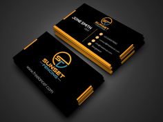 a black and yellow business card with an orange logo