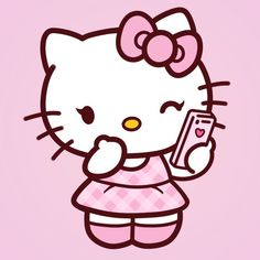 a hello kitty holding a cell phone in her hand