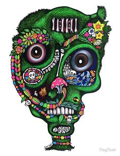 a drawing of a green skull with flowers on it's head and the word hello written