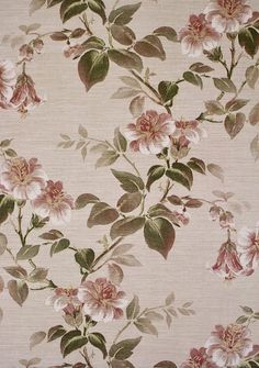 a floral wallpaper with pink flowers and green leaves