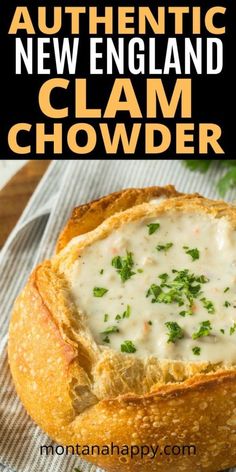 a close up of a bread bowl filled with clam chowder