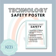 technology safety poster with the text technology safety written in black and white, on a blue background