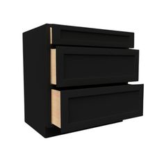 a black cabinet with two drawers on the bottom and one drawer in the middle, against a white background