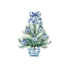 a blue and white potted plant with a bow on it's top, in front of a white background