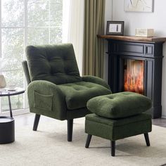 a living room with a chair and footstool in front of a fire place