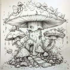 an ink drawing of mushrooms and plants in the ground with drops of water on them