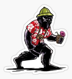 a sticker with an image of a gorilla holding a flower in its hand and wearing a hat