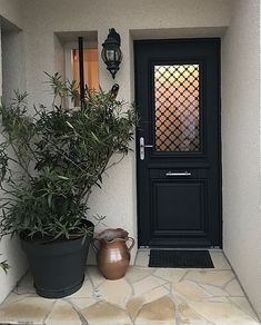 two potted plants sit on the front porch next to a black door and window