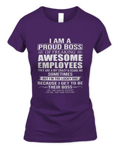 a women's purple t - shirt that says i am a proud boss of freaking awesome