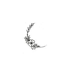 a black and white drawing of a crescent with flowers on the bottom half of it