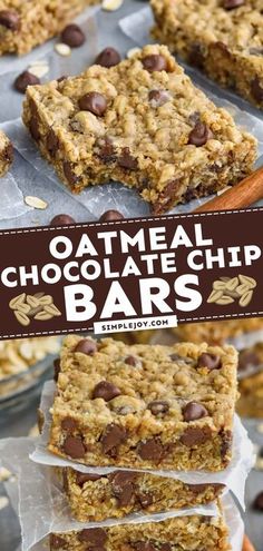 oatmeal chocolate chip bars stacked on top of each other with text overlay