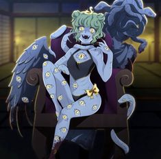 an animated image of a woman sitting on a chair with wings around her neck and eyes closed