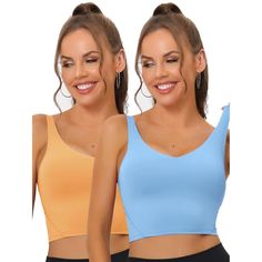 The longline hem allows for a full range of motion, ensuring that you stay comfortable and exposed accidentally while training. Such workout crop top boasts with a flattering V-neck cut, U-neck back, and tank straps. The removable pads allow for customized support and easy washing. With its simple and versatile design, this longline sports bra is easy to pair with a variety of clothing styles, including shirts, leggings, jackets, and dresses. Its high compatibility makes it a good choice for wea High Neck Bra, Shades Of Light Blue, Sports Bra Top, Workout Wardrobe, Yoga Sports Bra, Workout Crop Top, Women's Workout, Hem Style, Athletic Apparel