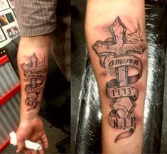 two different tattoos on the arms of people, one with a cross and another with an arrow