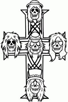 a cross with three skulls on it and two heads in the middle, one is wearing a